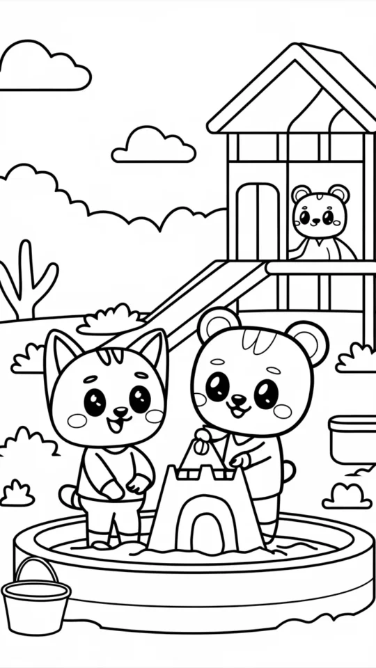 Kolorowanka Hello Kitty bawi się na placu zabaw dla dzieci