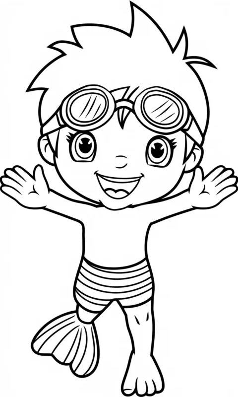 kolorowanka dla dzieci przedstawiająca małego pływaka w okularach do nurkowania z rozłożonymi ramionami - kolorowanki babelkowy swiat gupikow