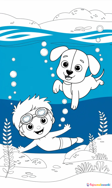 kolorowanka dla dzieci z chłopcem w okularach pływackich i szczeniaczkiem pod wodą wśród bąbelków - kolorowanki babelkowy swiat gupikow