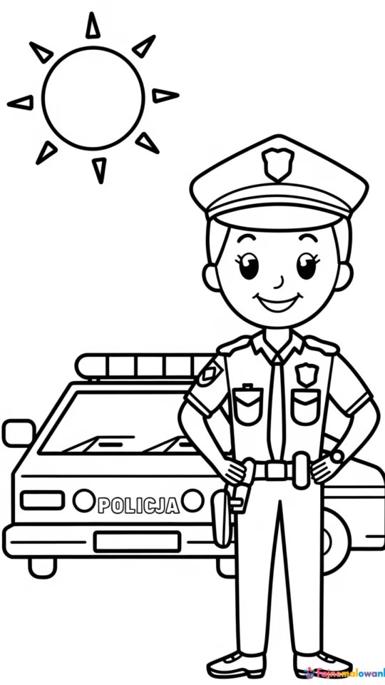 Kolorowanka: Policjant przy radiowozie – Kolorowanki dla dzieci