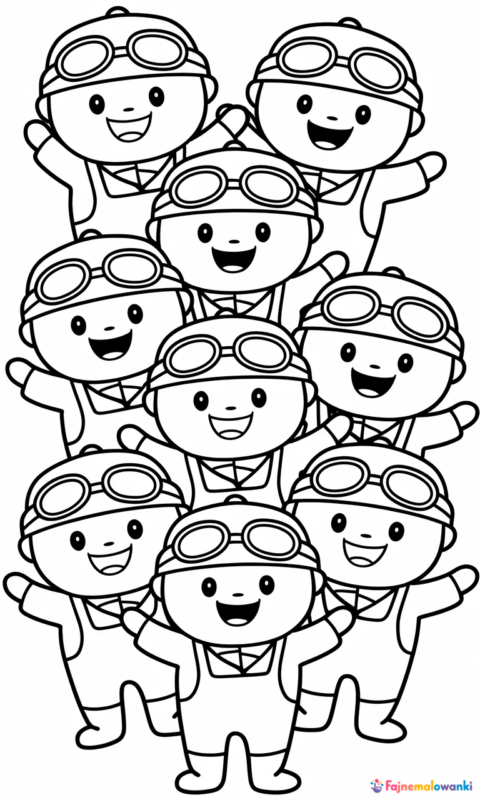 Kolorowanka dla dzieci z grupą wesołych pomocników w okularach i kombinezonach do pokolorowania - kolorowanki minionki