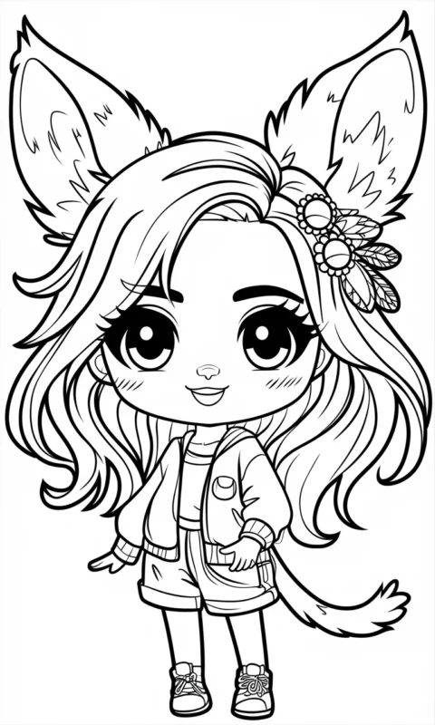 kolorowanka dla dzieci z uroczą postacią w stylu chibi z uszami i ogonem