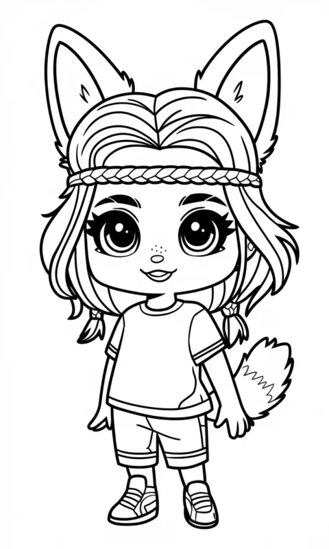 kolorowanka dla dzieci przedstawiająca uroczą postać anime w stylu chibi z uszkami i ogonem