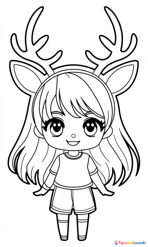 kolorowanka dla dzieci przedstawiająca uroczą postać z długimi włosami i porożem