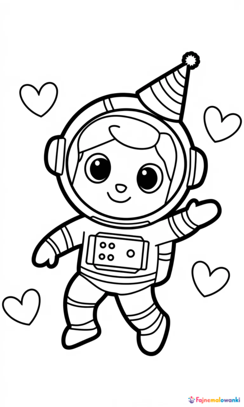 Kolorowanka dla dzieci przedstawiająca wesołą postać kosmiczną w kombinezonie z czapeczką urodzinową i serduszkami - kolorowanki z psami swietujmy razem miedzynarodowy dzien psa