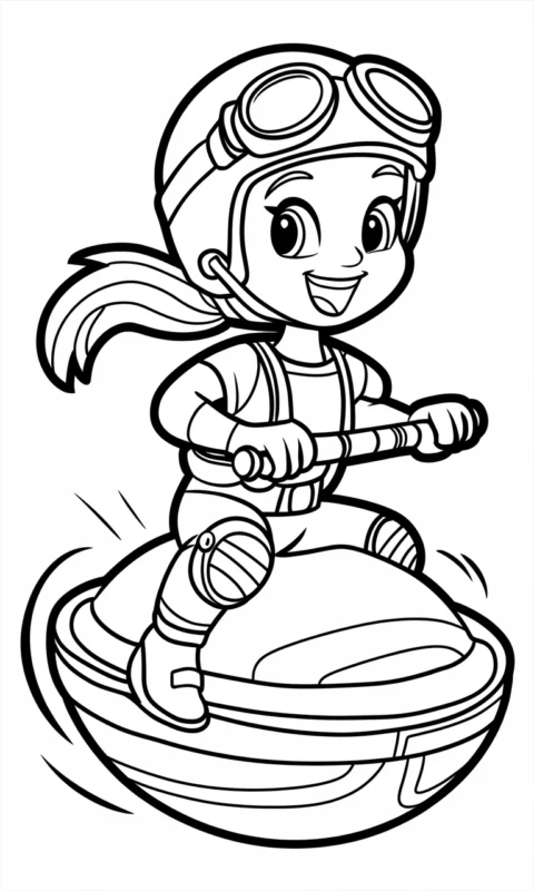 kolorowanka dla dzieci przedstawiająca wesołą postać na futurystycznym latającym urządzeniu