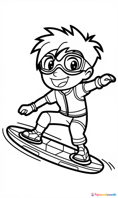 kolorowanka dla dzieci przedstawiająca postać na latającej desce