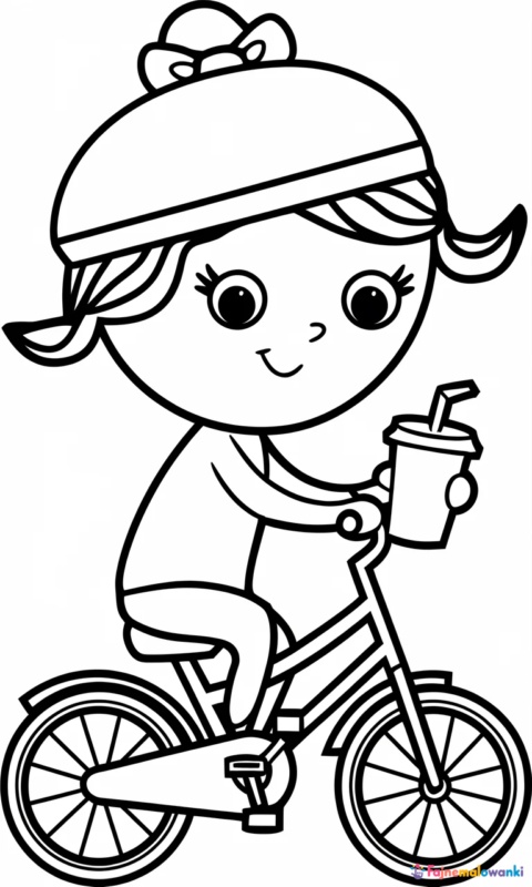 kolorowanka dla dzieci przedstawiająca postać na rowerze z kubkiem napoju