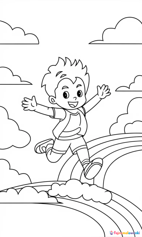 kolorowanka dla dzieci z radosną postacią skaczącą nad tęczą i chmurkami
