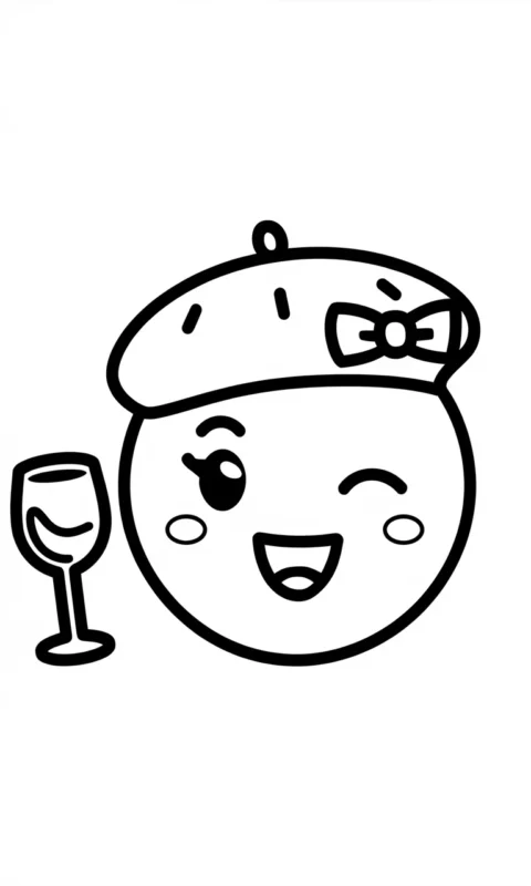 Kolorowanka dla dzieci przedstawiająca uroczą postać w berecie z kokardką i kieliszkiem