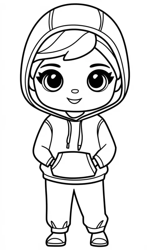 Kolorowanka dla dzieci przedstawiająca uroczą postać w bluzie z kapturem