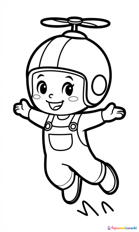 kolorowanka dla dzieci przedstawiająca wesołą postać w kasku z wirnikiem