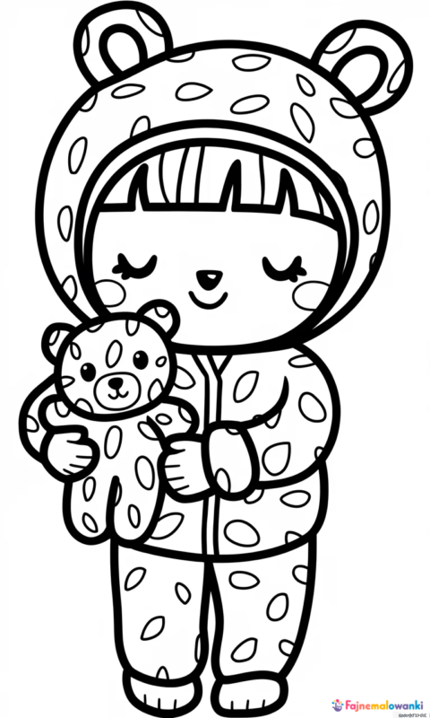 kolorowanka dla dzieci z uroczą postacią w piżamie w kropki trzymającą pluszowego misia