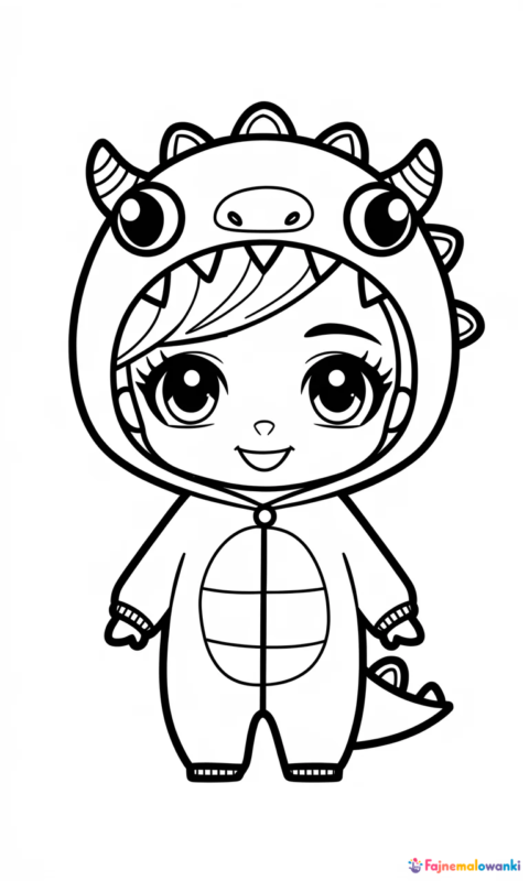 Kolorowanka dla dzieci z uroczą postacią w kostiumie dinozaura