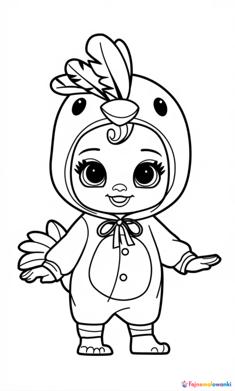 kolorowanka dla dzieci z uroczą postacią w stroju kogucika