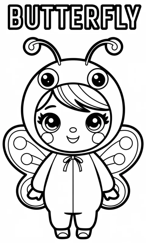 kolorowanka dla dzieci z uroczą postacią w stroju motylka