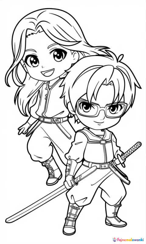 kolorowanka dla dzieci z postaciami anime w stylu chibi
