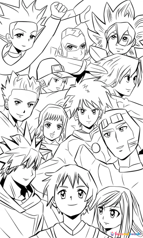 kolorowanka dla dzieci z postaciami anime w dynamicznej kompozycji