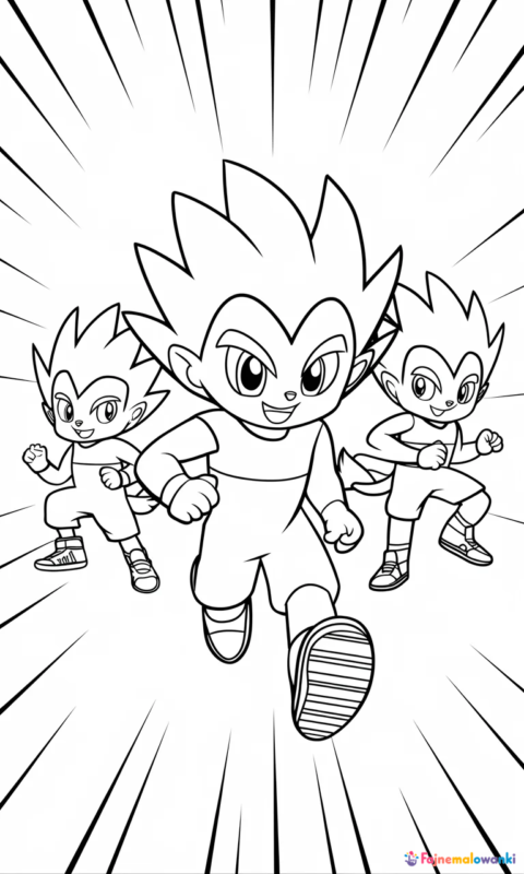 Kolorowanka dla dzieci z trzema animowanymi postaciami w dynamicznych pozach na tle promieni - kolorowanki sonic