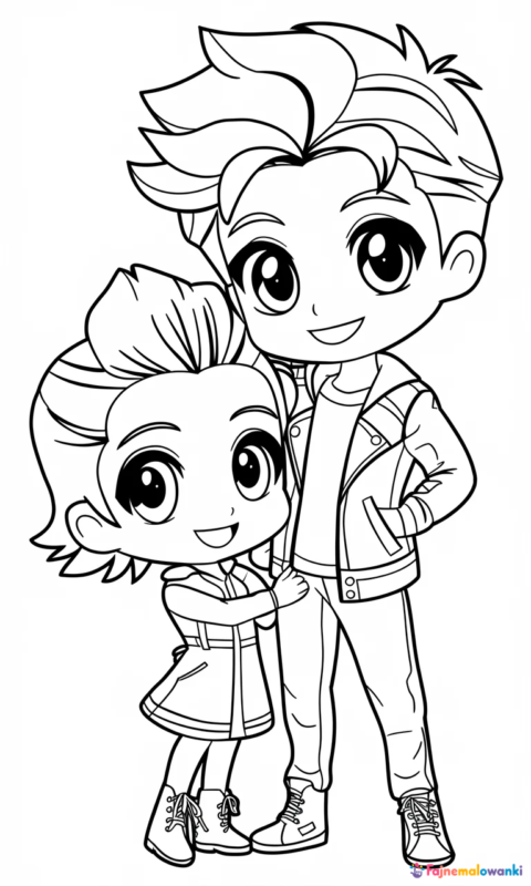 Kolorowanka dla dzieci z uroczymi postaciami anime w stylu chibi do pokolorowania