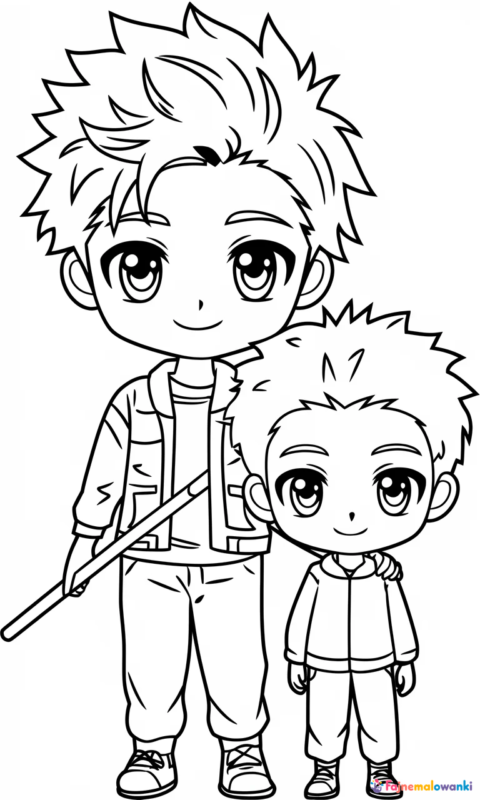 kolorowanka dla dzieci z uroczymi postaciami anime w stylu chibi do pokolorowania