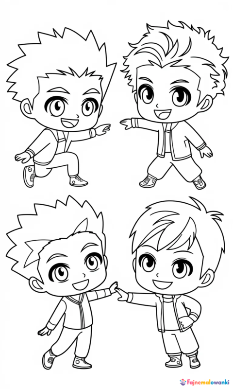 Kolorowanka dla dzieci manga - cztery postaci w stylu chibi bawiące się razem