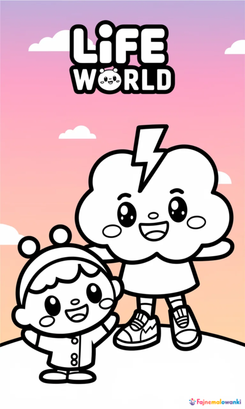 Kolorowanka dla dzieci z uroczymi postaciami - dzieckiem i chmurką w stylu kawaii