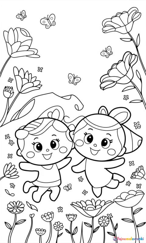 kolorowanka dla dzieci z dwoma wesołymi postaciami w ogrodzie