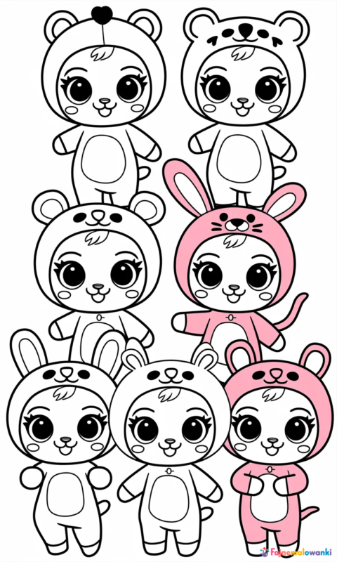 Kolorowanka dla dzieci z uroczymi postaciami w strojach zwierzątek