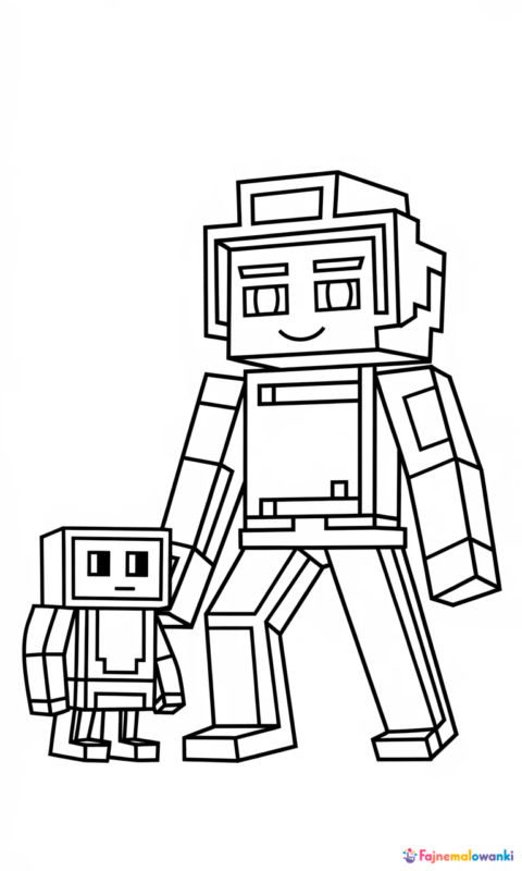 Kolorowanka dla dzieci przedstawiająca postać z klocków z małym kwadratowym zwierzątkiem