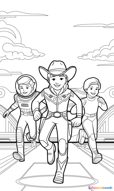 kolorowanka dla dzieci z trzema przyjaciółmi w stylu kosmiczno-kowbojskim podczas wspólnej przygody - toy story kolorowanki