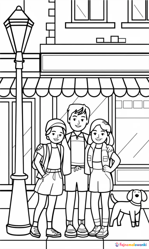 kolorowanka dla dzieci przedstawiająca przyjaciół na ulicy miasta