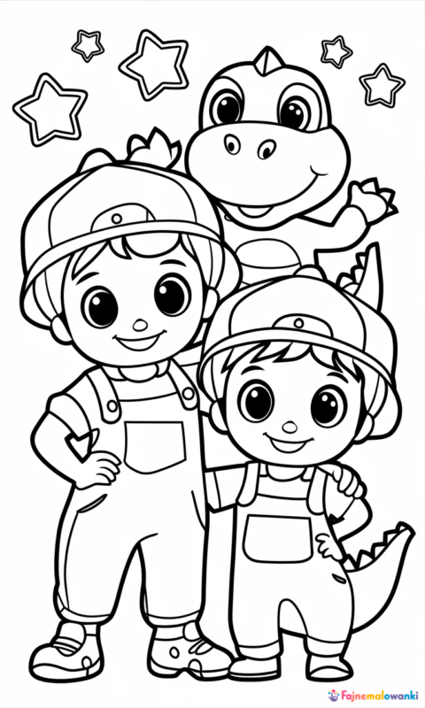 kolorowanka dla dzieci z wesołymi postaciami przyjaciół i dinozaurem oraz gwiazdkami do pokolorowania - kolorowanki mario