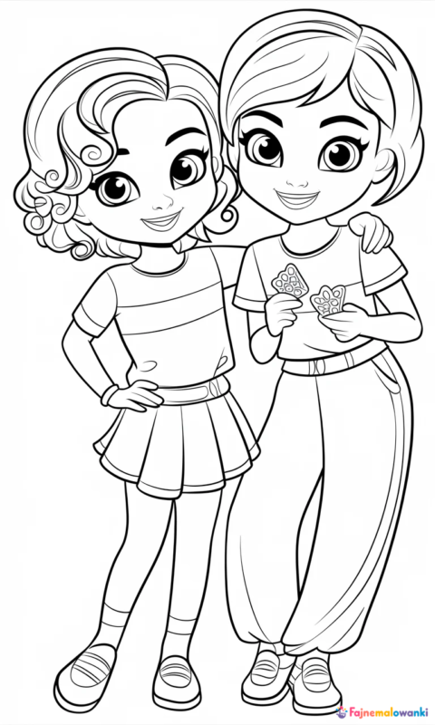 kolorowanka dla dzieci przedstawiająca dwie przyjaciółki w modnych strojach do pokolorowania - kolorowanki lego friends