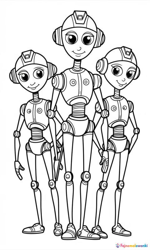 kolorowanka dla dzieci przedstawiająca trzy przyjazne roboty stojące razem