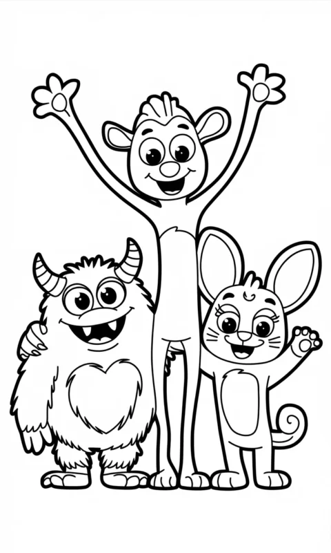 kolorowanka dla dzieci z trzema przyjaznymi stworkami - zabawne postacie do pokolorowania dla przedszkolaków - kolorowanki garten of banban