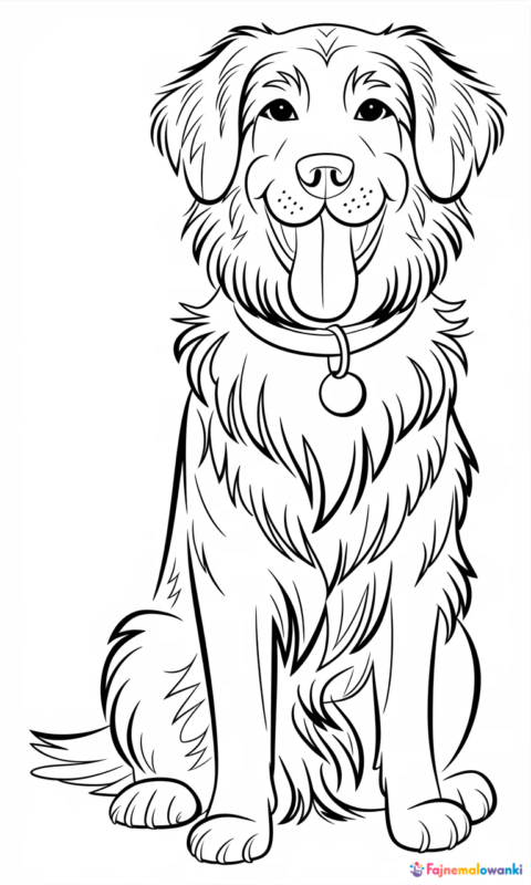 Kolorowanka dla dzieci przedstawiająca uśmiechniętego psa rasy retriever do wydruku i pokolorowania - kolorowanki z psami swietujmy razem miedzynarodowy dzien psa