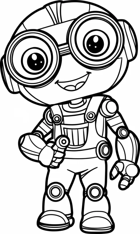 Kolorowanka przedstawiająca uroczego robota w goglach i ogrodniczkach