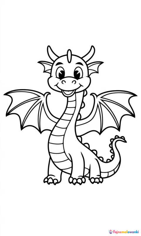 Kolorowanka dla dzieci przedstawiająca przyjaznego smoka z rozpostartymi skrzydłami i uśmiechniętą buzią - kolorowanki garten of banban
