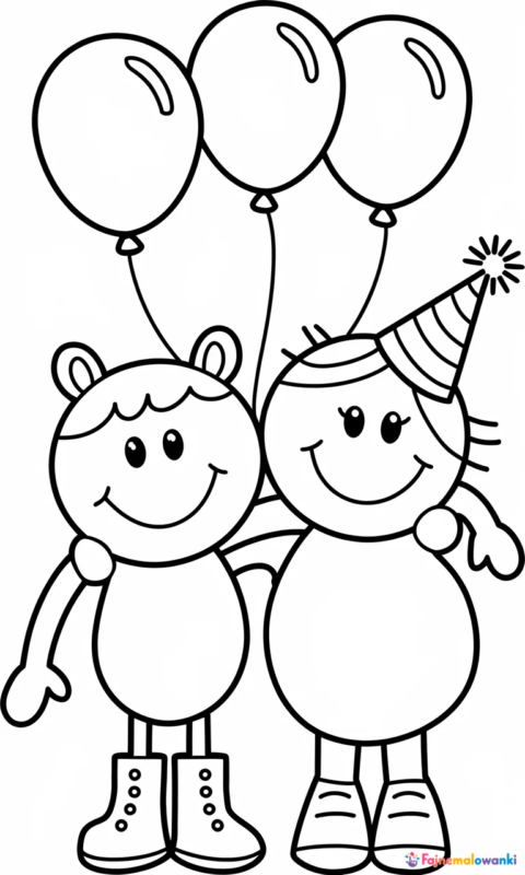 kolorowanka dla dzieci z postaciami na przyjęciu urodzinowym