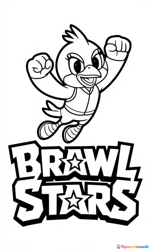 Kolorowanka dla dzieci przedstawiająca postać ptaka w dynamicznej pozie nad napisem Brawl Stars do wydruku - kolorowanki brawl stars