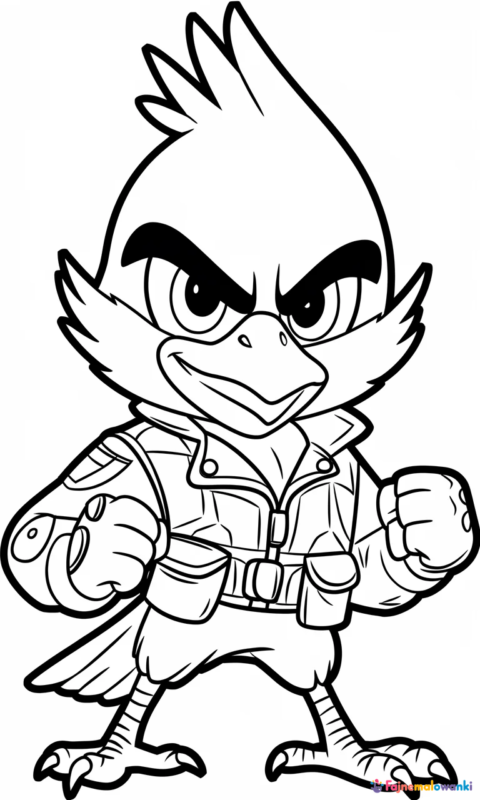 kolorowanka dla dzieci przedstawiająca postać ptaka wojownika w stroju bojowym