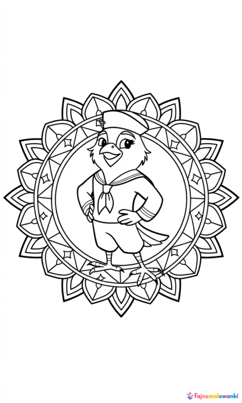 Kolorowanka dla dzieci z zabawnym ptaszkiem w marynarskim stroju na tle ozdobnej mandali do wydruku - kolorowanki grinch