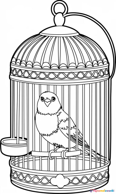 kolorowanka dla dzieci przedstawiająca ptaszka w ozdobnej klatce do pokolorowania