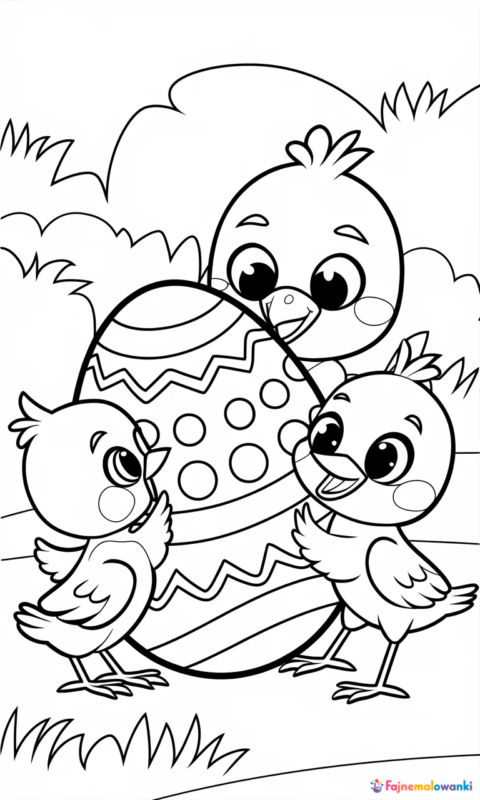 Kolorowanka wielkanocna dla dzieci z dwoma ptaszkami bawiącymi się ozdobionym jajkiem