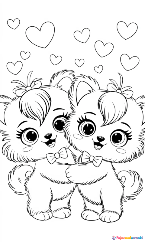 Kolorowanka dla dzieci z dwoma uroczymi puszystymi stworkami z kokardkami i serduszkami do pokolorowania - kolorowanki poppy playtime