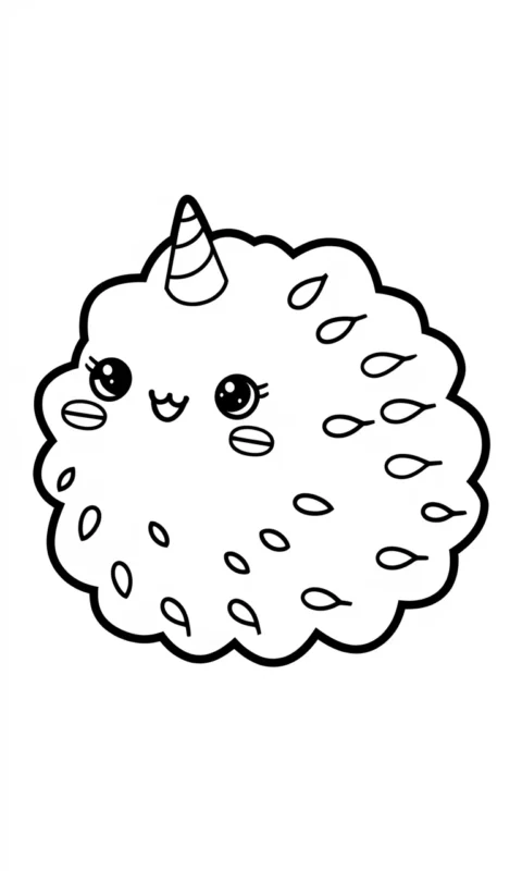 kolorowanka dla dzieci z uroczym puszystym stworkiem w stylu kawaii z rogiem jednorożca do pokolorowania - kolorowanki pusheen