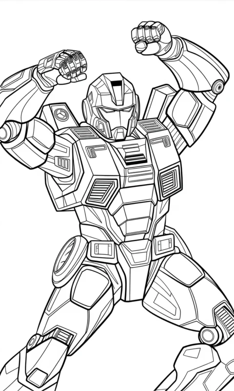 kolorowanka dla dzieci przedstawiająca futurystycznego robota bojowego w dynamicznej pozie do pokolorowania - kolorowanki avengers