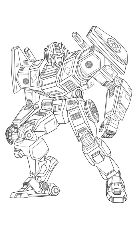 kolorowanka przedstawiająca fantastycznego robota bojowego z elementami mechanicznymi do pokolorowania dla dzieci - kolorowanki transformers