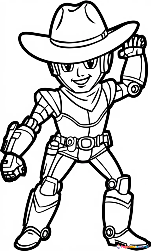 Kolorowanka dla dzieci przedstawiająca robota kowboja w kapeluszu i stroju westernowym